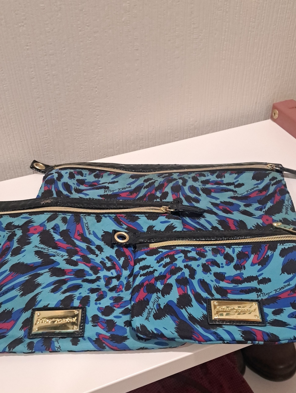 Betsey Johnson Blue Multi-Print Wristlet Pouch Set